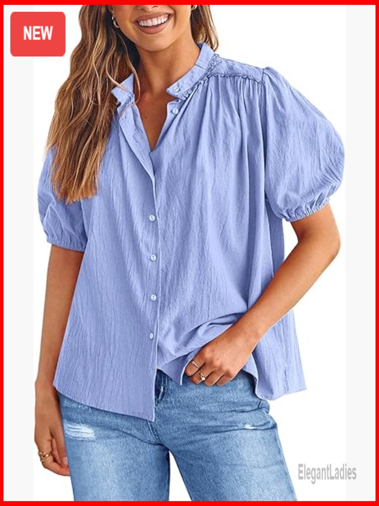 Women's Button Down Short Sleeve Blouse Relaxed Fit Cotton Tops
